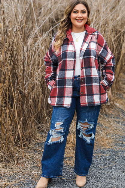 Red Plaid Hooded Jacket for Plus Size Women