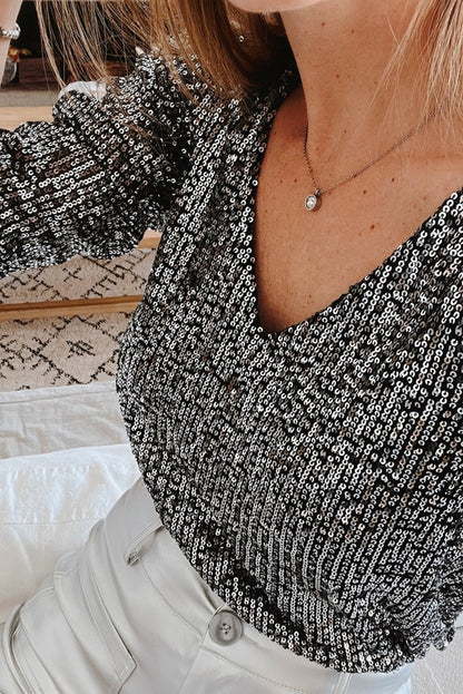 Silvery Sequin V Neck 3/4 Sleeve Top