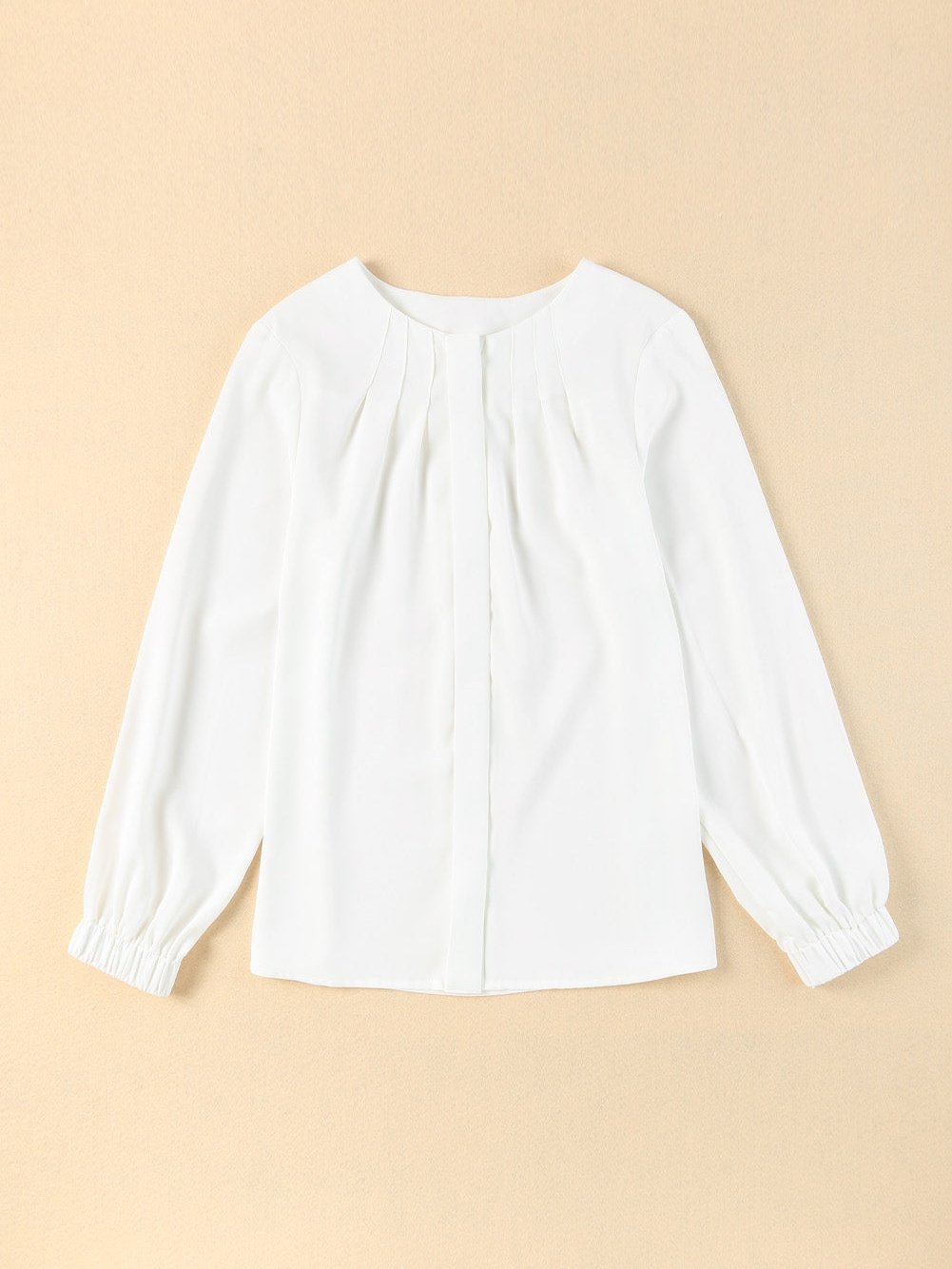 Graceful White Pleated Round Neck Shirt with Puff Sleeves
