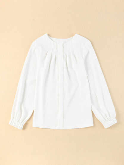 Graceful White Pleated Round Neck Shirt with Puff Sleeves