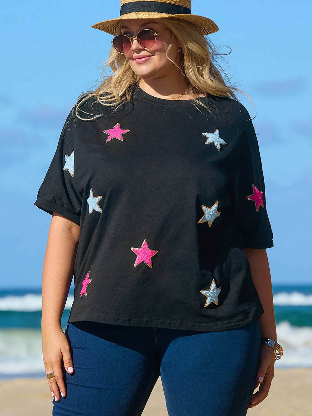 Chic Black Star Sequin Plus Size T-Shirt