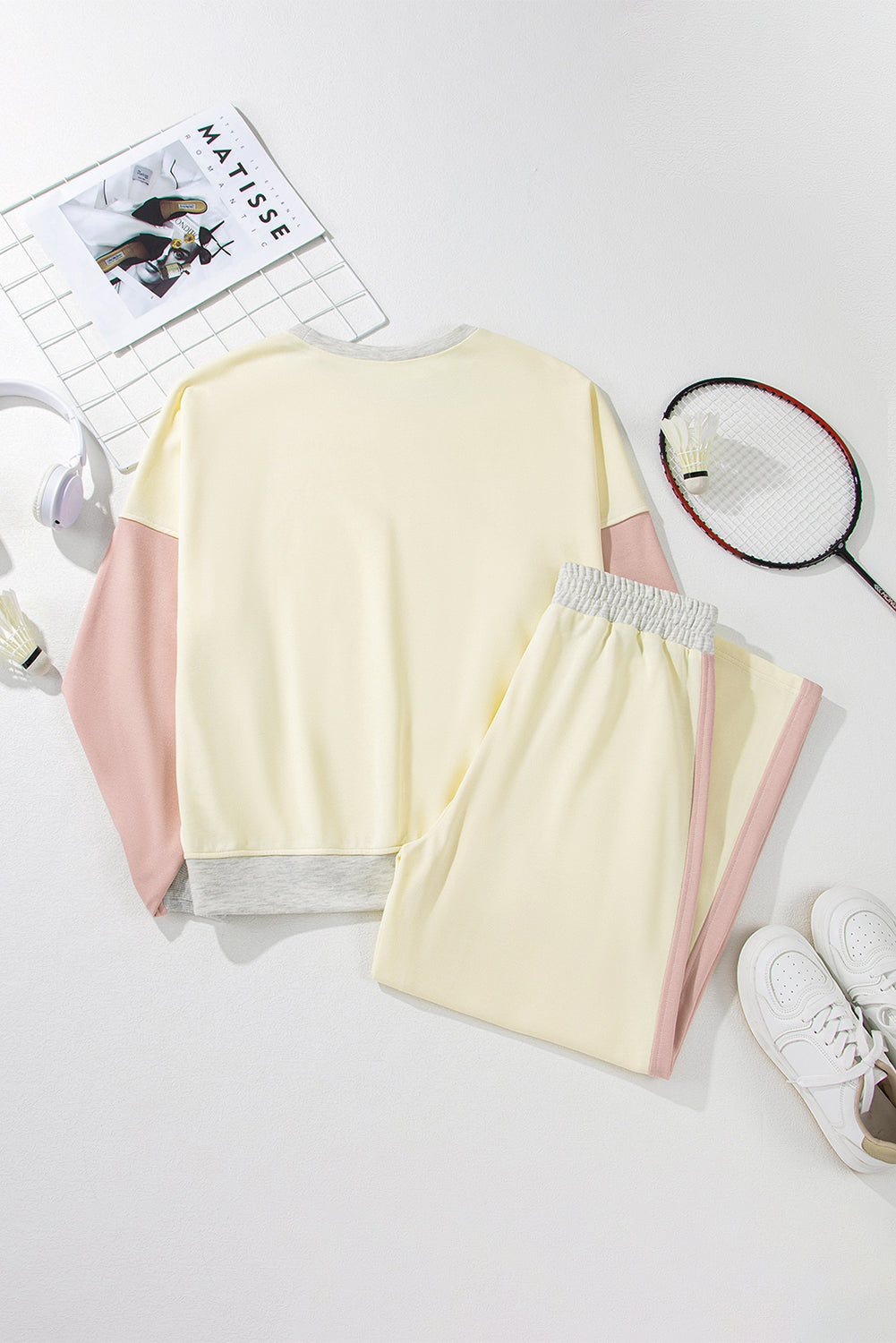 Apricot 2pcs Color Block Pullover Loose Pant Set