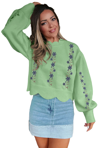 Light Green Floral Embroidered Scallop Hem Cropped Sweater