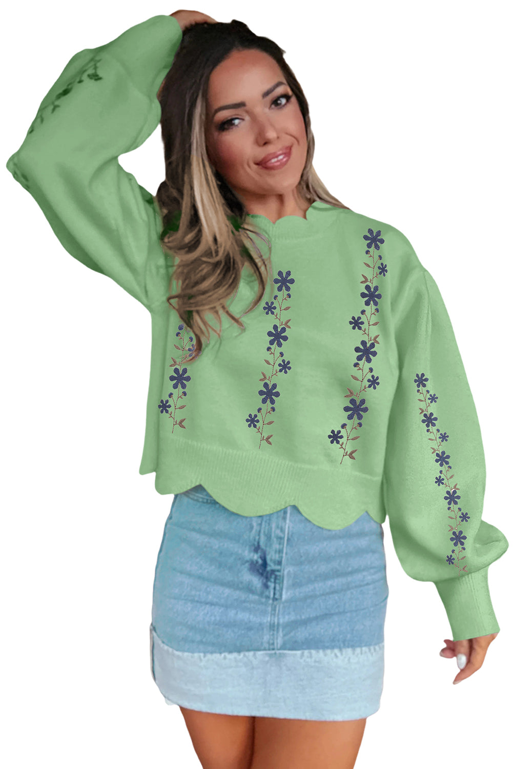 Light Green Floral Embroidered Scallop Hem Cropped Sweater