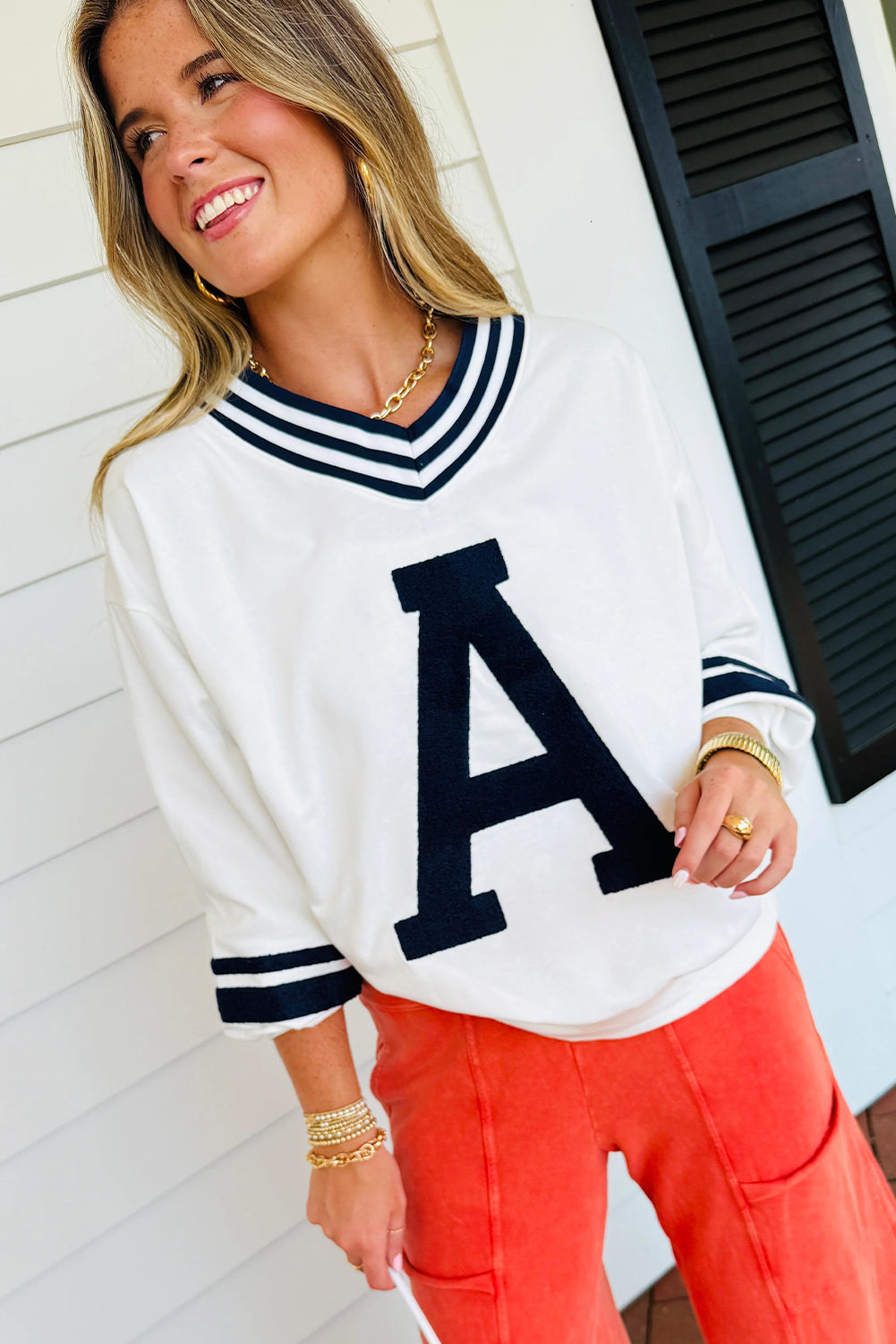 Sail Blue Chenille Letter A Graphic Varsity Striped V Neck Puff Sleeve Sweatshirt
