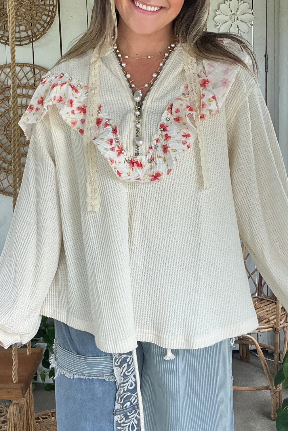 White Half Zip Waffle Knit Rhinestone Studded Floral Ruffle Trim Loose Hoodie