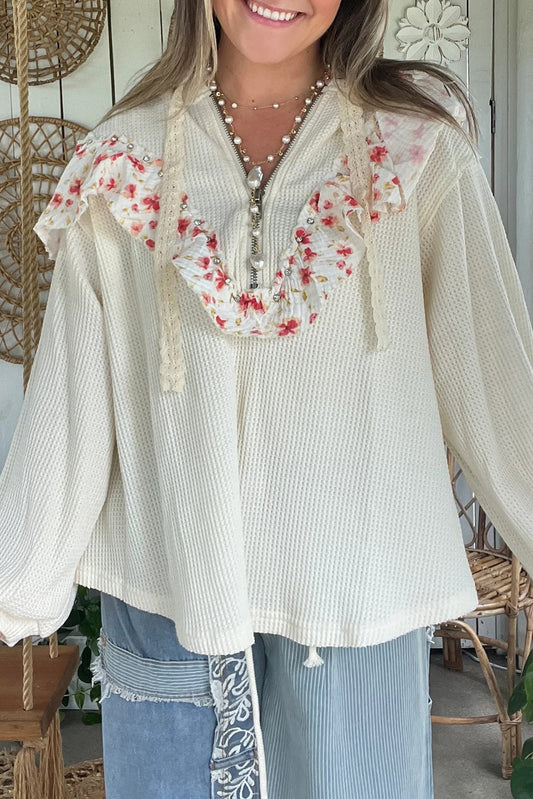 White Half Zip Waffle Knit Rhinestone Studded Floral Ruffle Trim Loose Hoodie