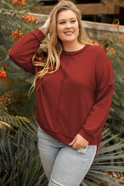Flame Gold Plus Size Waffle Knit Top with Exposed Seam Detail
