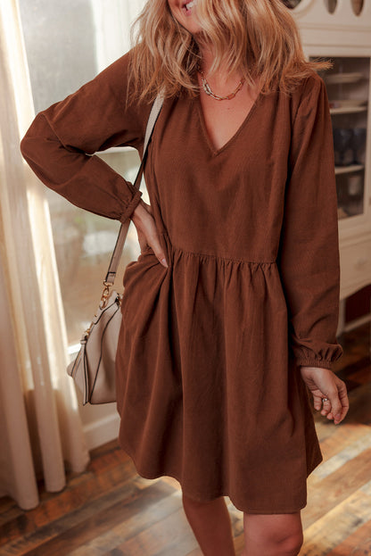Coffee Corduroy V Neck Long Sleeve Loose Fit Dress