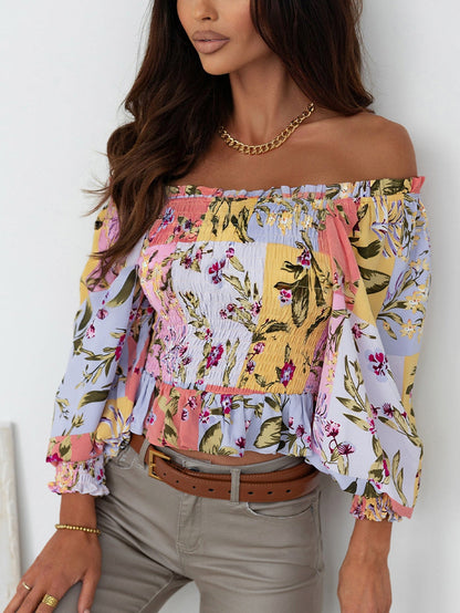 Floral Square Neck Smocked Blouse with Frilled Trim