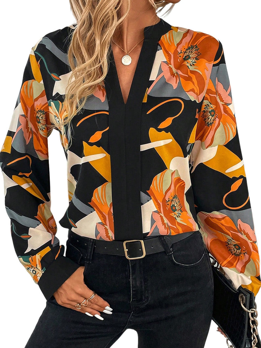 Floral Print V Neck Top with Split Detail