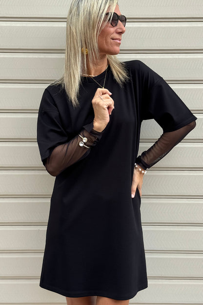 Black Mesh Long Sleeve Patchwork Shift Fit T Shirt Dress