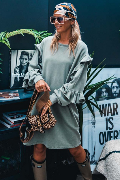 Haze Blue Ruffled Shift Knit Long Sleeve Mini Dress