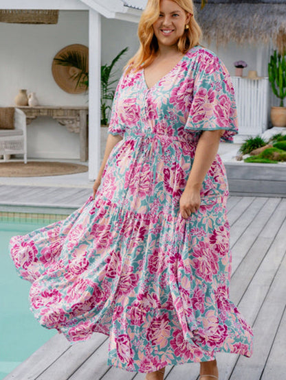 Elegant Purple Floral V Neck A-Line Maxi Dress with Ruffle Detail