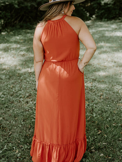 Russet Orange Plus Size Ruffled Hem Sleeveless Long Dress