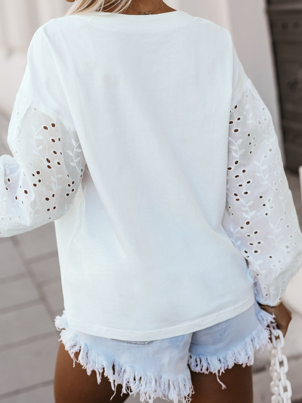 Ivory V-neck Embroidered Patchwork Puff Sleeve Top