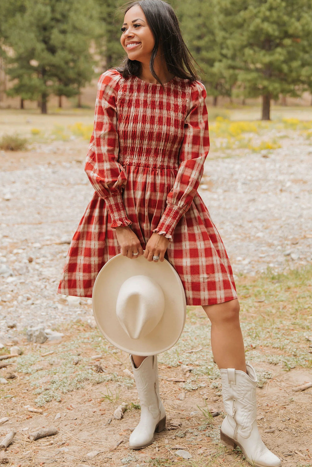 Red Plaid Print Long Sleeve Smocked Flared Mini Dress