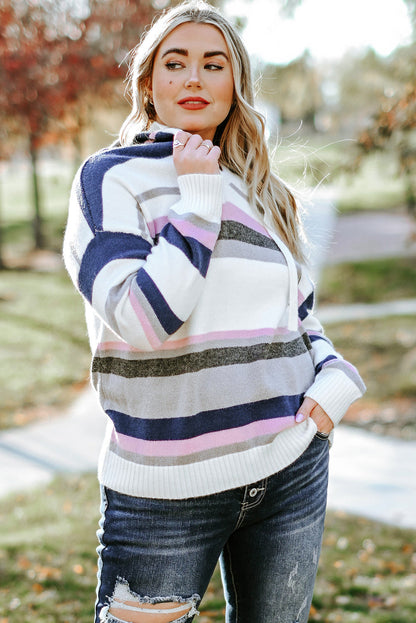 Stripe Oversized Hooded Knit Sweater for Curvy Women