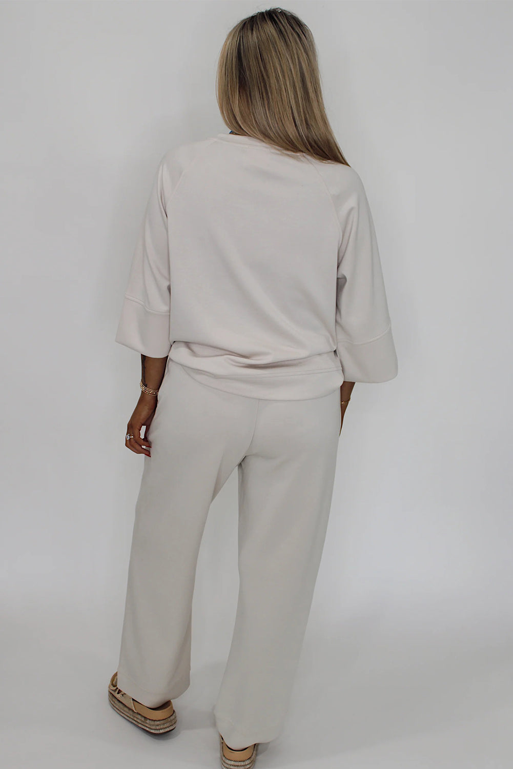 Jet Stream Solid Color 3/4 Loose Pullover Drawstring Pants 2pcs Outfit