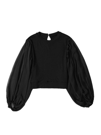 Elegant Black Mesh Puff Sleeve Ribbed Top