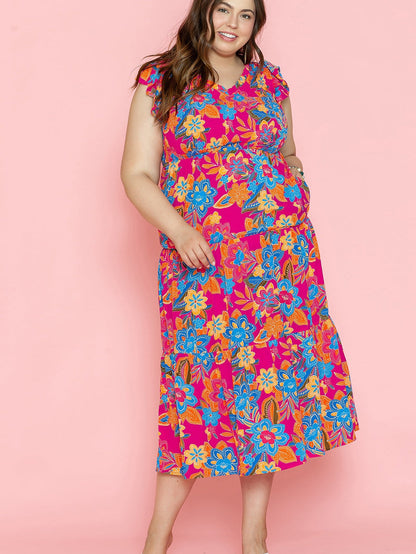 Crimson Blossom Tiered Sleeveless Plus Size Maxi Dress