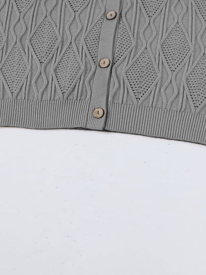 Cozy Gray Hollow Knit Plus Size Button-Up Cardigan