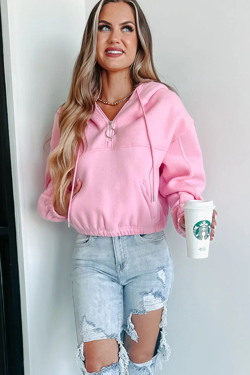 Pink Cropped Quarter Zip Drop Shoulder Hooded Sweatshirt