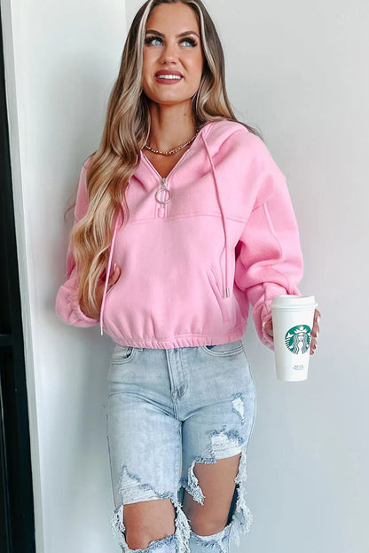 Pink Cropped Quarter Zip Drop Shoulder Hooded Sweatshirt