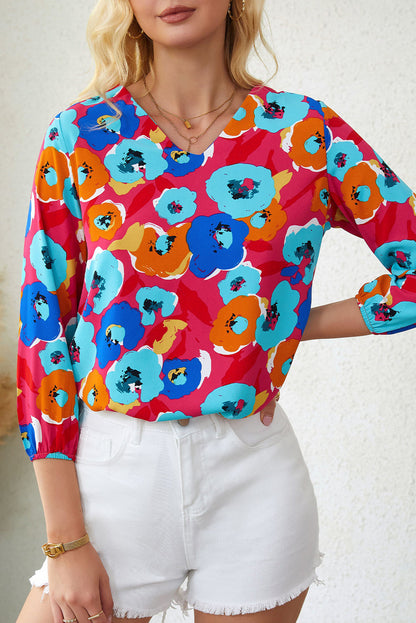 Elegant Rose Floral V Neck Blouse with Bracelet Sleeves