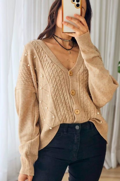 Light French Beige Cable Rhombus Knit Pearl Embellished Button V Neck Cardigan