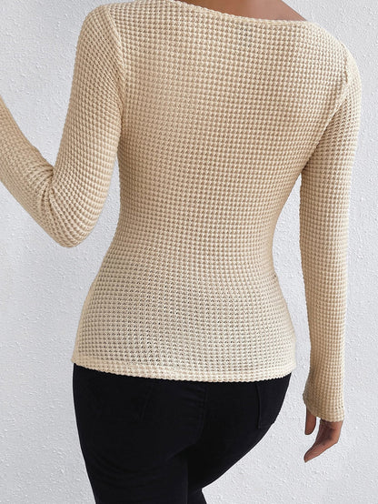 Apricot Textured Square Neck Ruched Knit Top