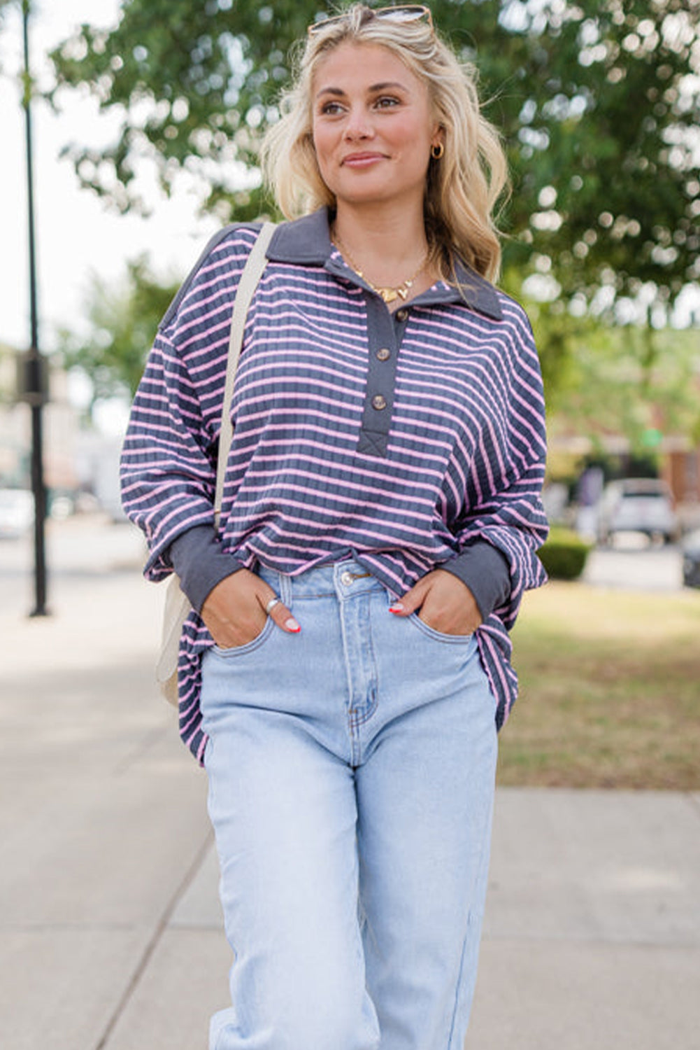 Gray Stripe Ribbed Texture Contrast Polo Collar Long Sleeve Top
