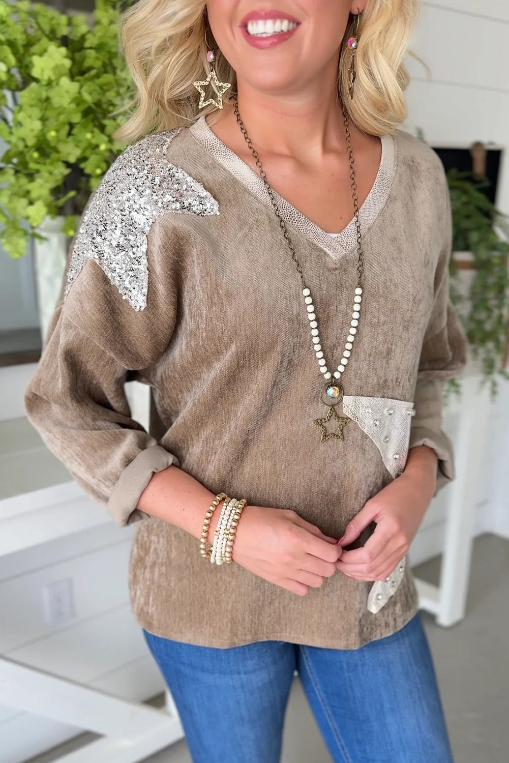 Parchment Sequin & Metallic Rhinestone Star Patches V Neck Long Sleeve Top