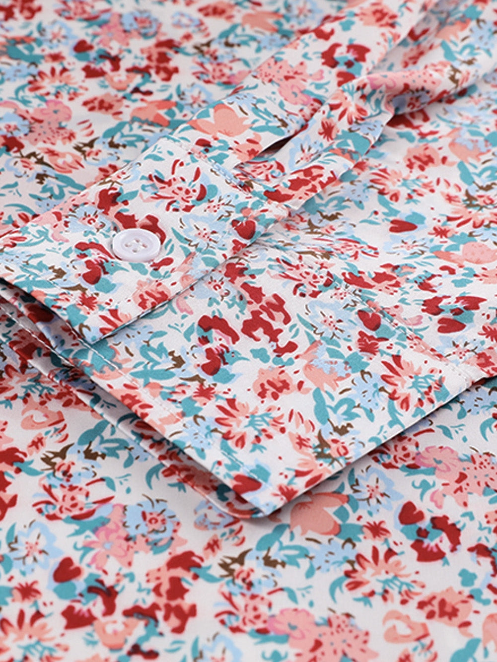 Fiery Red Floral Patchwork Button-Up Blouse with Front Pocket