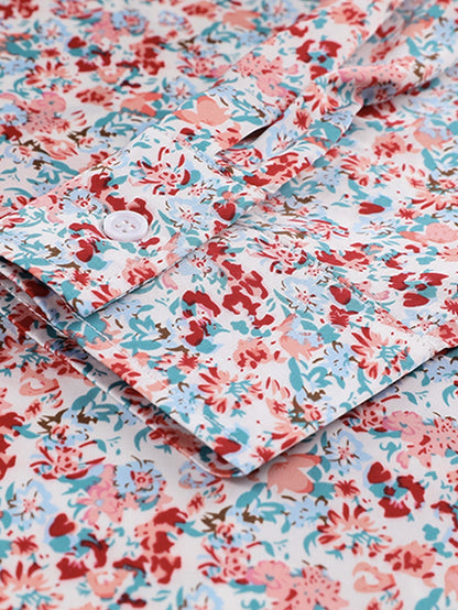 Fiery Red Floral Patchwork Button-Up Blouse with Front Pocket