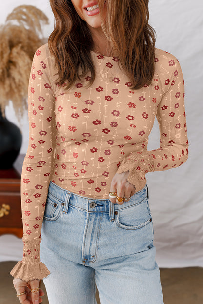 Apricot Floral Print Smocked Cuff Slim Fit Mesh Bodysuit