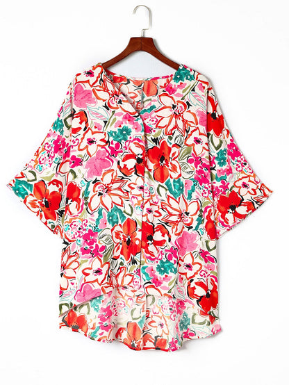 Floral Print Rose Kimono Sleeve Plus Size Blouse