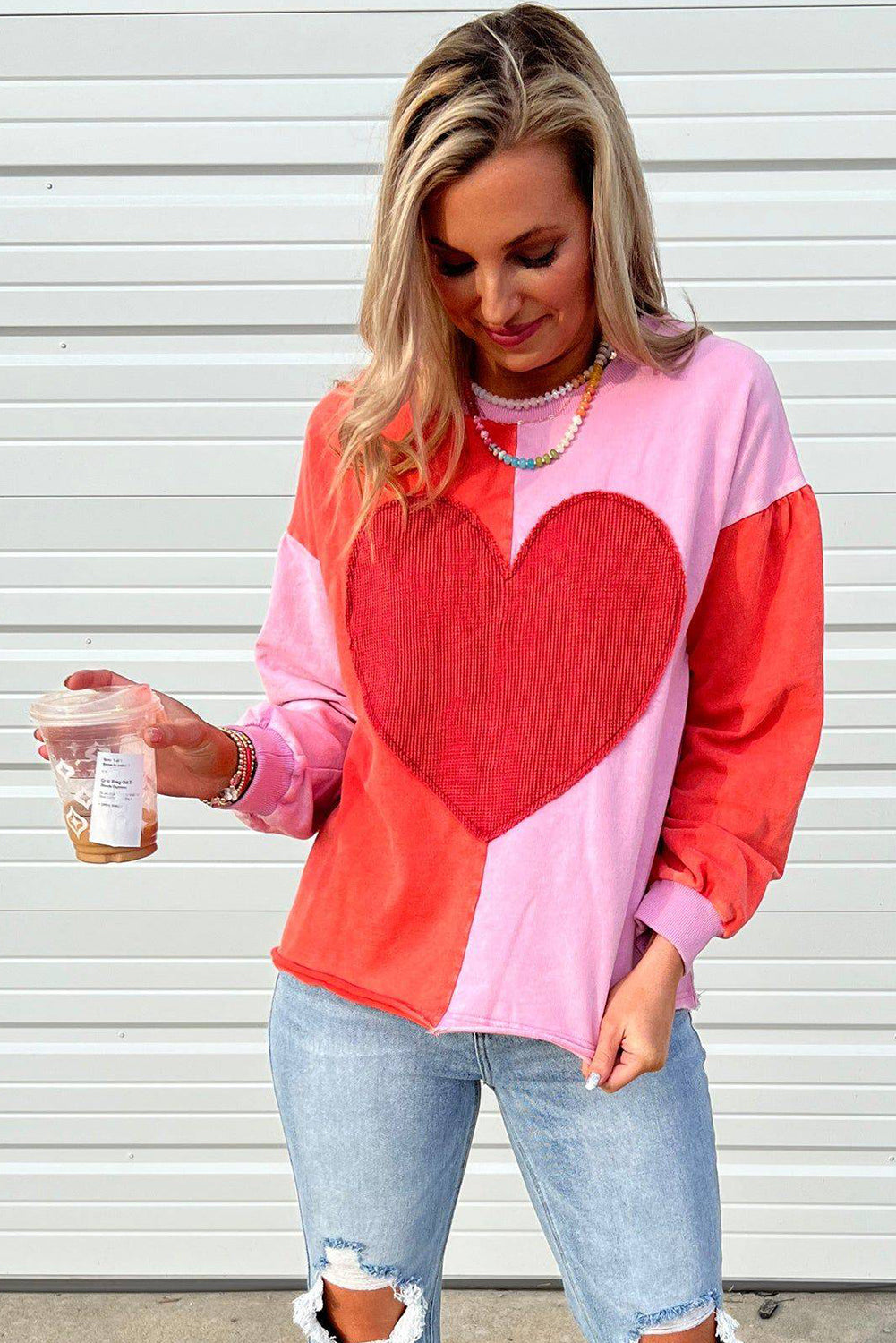 Fiery Red Big Heart Patched Color Block Patchwork Drop Shoulder Long Sleeve Top