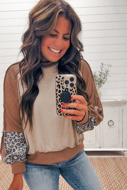Straw Yellow Color Block Twisted Rib Leopard Patchwork Long Sleeve Top