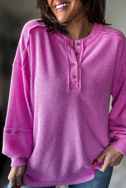 Sachet Pink Brushed Ribbed Knit Exposed Seam Drop Shoulder Henley Top