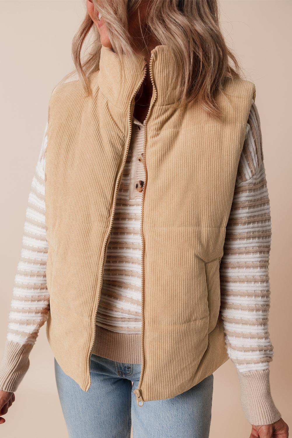 Light French Beige Corduroy Stand Neck Zipped Puffer Vest
