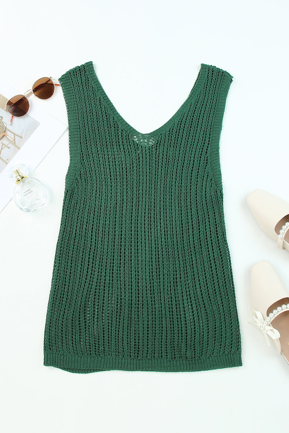 Green Hollowed Knit Sleeveless V Neck Tank Top