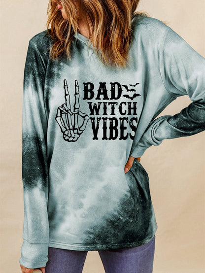 BAD WITCH VIBES Tie Dye Gray Graphic Long Sleeve Top