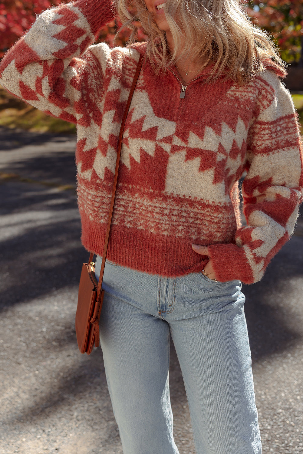 Mineral Red Western Geometric Pattern Zipped Collar Fuzzy Sweater