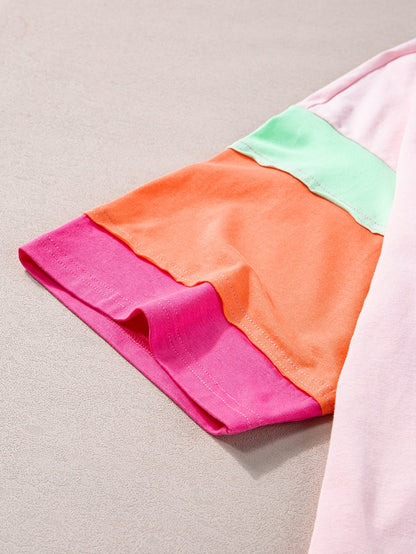 Sweet Pink Color Block Plus Size Tee with Half Sleeves