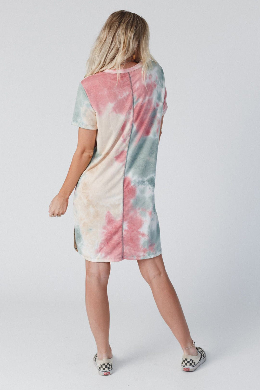 Loose Printed Short Sleeve Zippered V-neck Dress