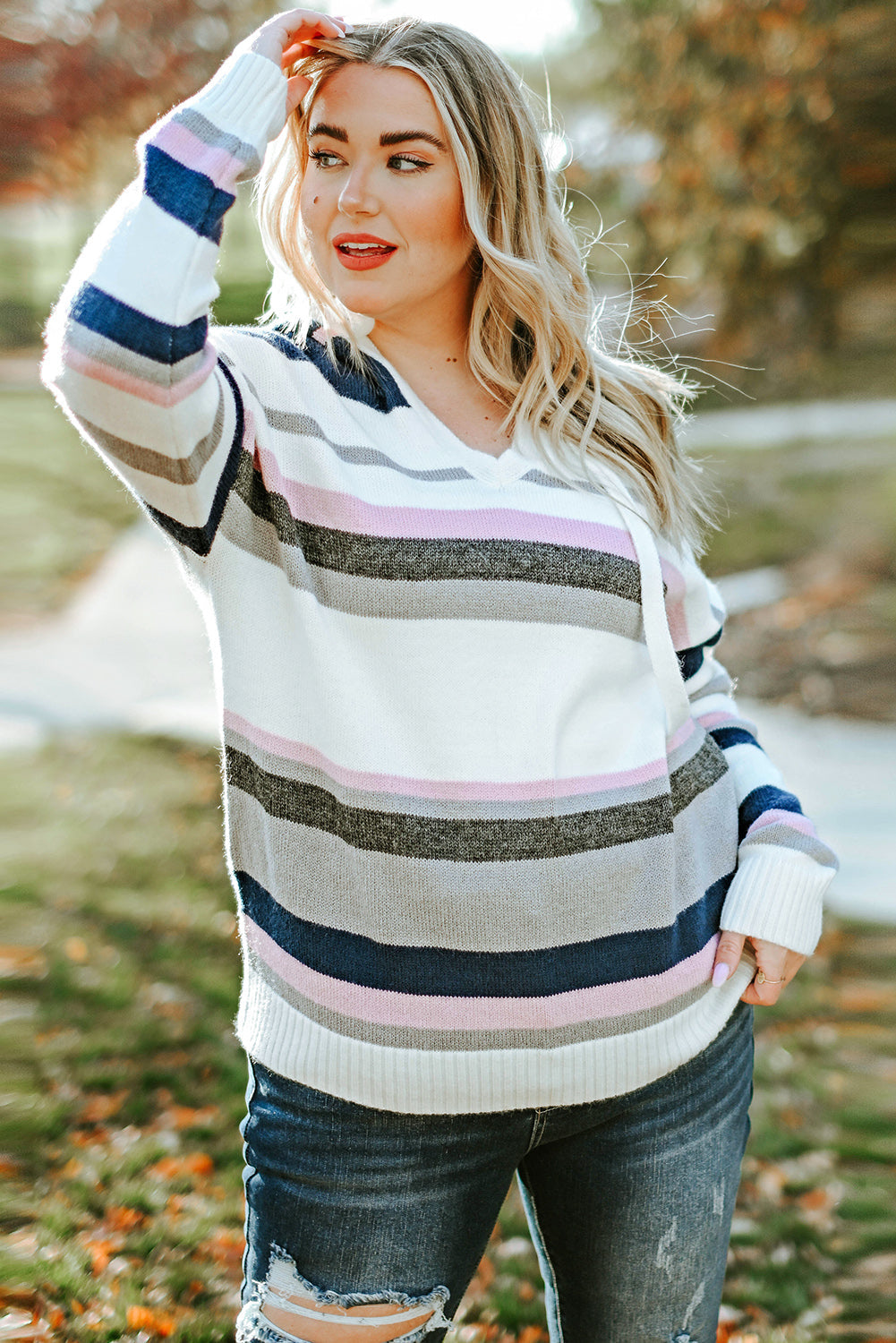 Stripe Oversized Hooded Knit Sweater for Curvy Women