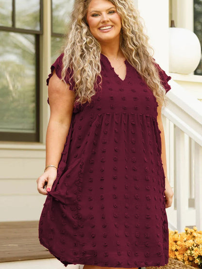 Swiss Dot Burgundy Plus Size V-Neck Mini Dress with Ruffled Sleeves