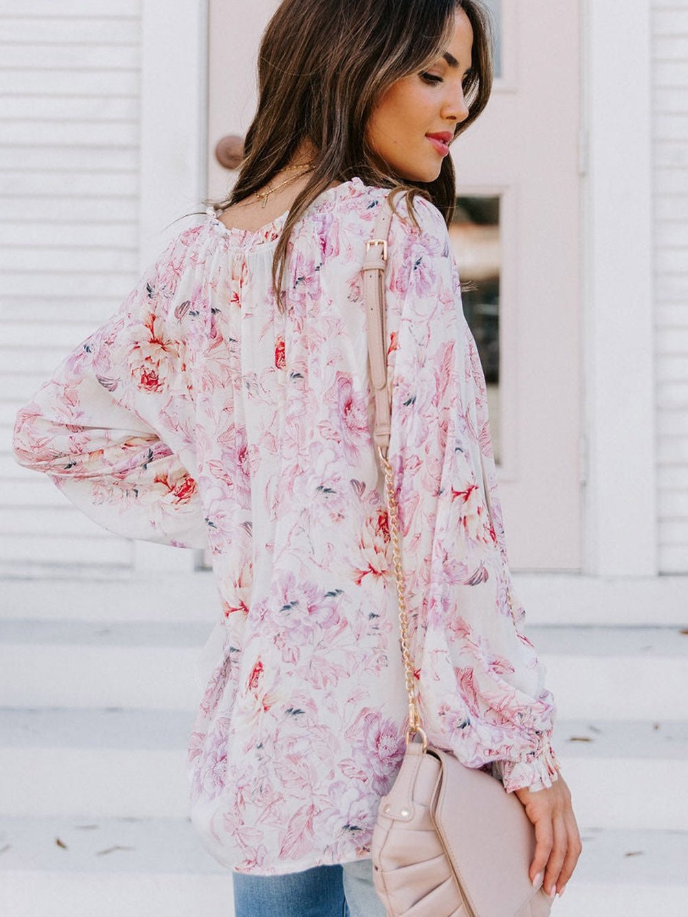 Floral Blossom V-Neck Ruffle Sleeve Blouse