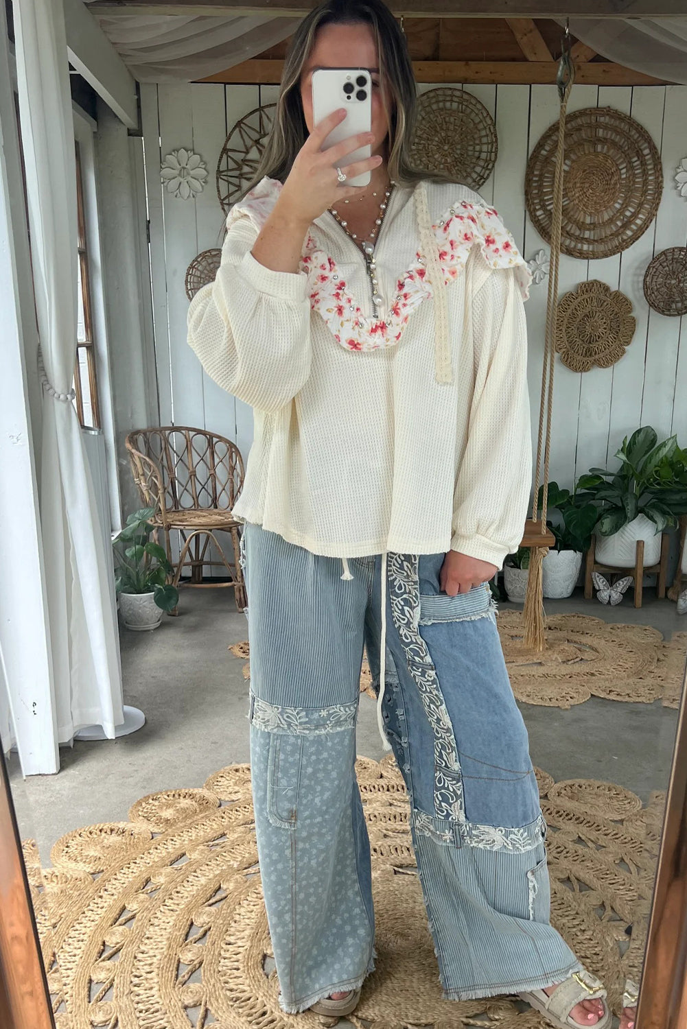 White Half Zip Waffle Knit Rhinestone Studded Floral Ruffle Trim Loose Hoodie